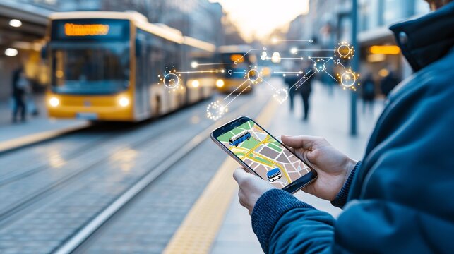 Public transport station route concept. A person using a smartphone with a map app while waiting at a bus station during sunset. - Powered by Adobe