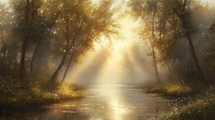 Obraz premium Serene Morning Light Through Trees Reflecting on Peaceful Water