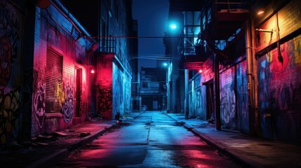 Fototapeta premium Luminous neon lights illuminating dark alley