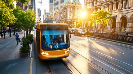 Public transport station route concept. A vibrant city street at sunrise featuring a yellow tram, lush greenery, and striking architecture, capturing urban transportation and morning light.