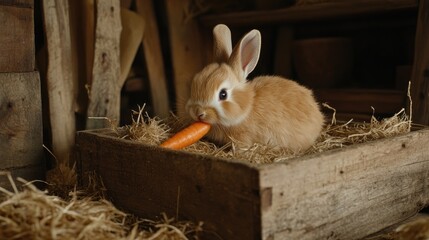 Fototapeta premium Cute Fluffy Bunny Sitting in Hay with Carrot in Cozy Barn Setting