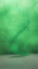 Twisting Roller Coaster Track Resembling a Giant DNA Helix Against Vibrant Green Foggy Sky Depicting Science and Adventure in a Futuristic Setting