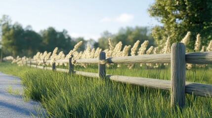 Lush Green Grass with Wooden Fence and Fluffy Reeds on Sunny Day