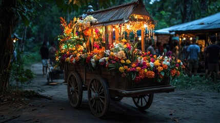 Vibrant Flower Cart Illuminated by Soft Lights in Lush Environment