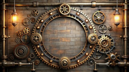 Obraz premium Steampunk-inspired circular design featuring intricate gears, pipes, and illuminated lamps on a rustic wooden backdrop