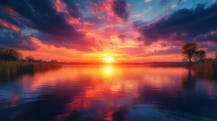 Obraz premium Fiery sunset reflected on calm lake water.