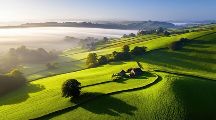 Serene nature concept. A serene morning landscape with rolling green hills and misty valleys under soft light.