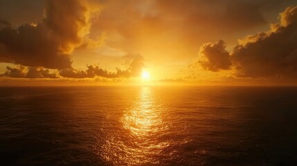 Majestic Sunset Over Calm Ocean with Golden Skies and Clouds