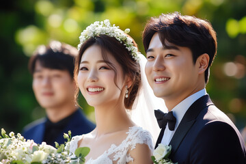 Joyful Bride and Groom with Bridesmaids at Ceremony