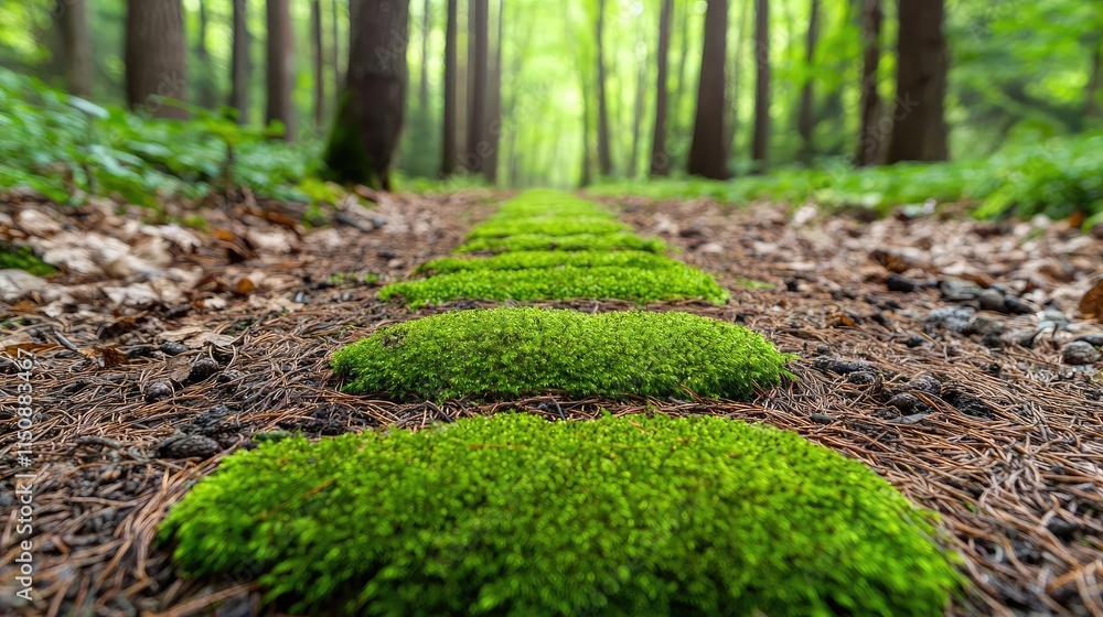 Poster serene nature idea. lush green moss-covered stones create a tranquil path in a serene forest setting