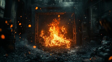 Fototapeta premium Fiery inferno blazing in dark, derelict industrial setting.