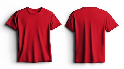 High-quality 3D mockup of a blank red T-shirt for men. Front and back views on a white background, no labels, ideal for design presentations.