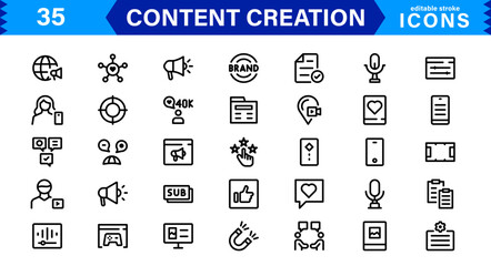 Content Creation Icon Set, Modern, Minimal, and Versatile Outline Icons for Digital Marketing and Creative Projects