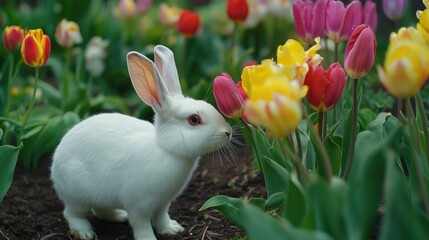 Adorable White Rabbit Sniffing Colorful Tulips in Garden Bloom