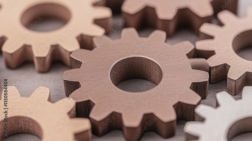 Poster team assembling interlocking metallic gears for engineering and collaboration projects in industrial