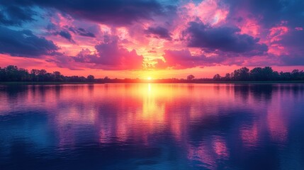 Vibrant sunset reflected in calm lake.