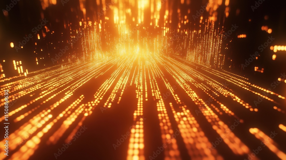 Poster dynamic flow of glowing particles on dark background in motion