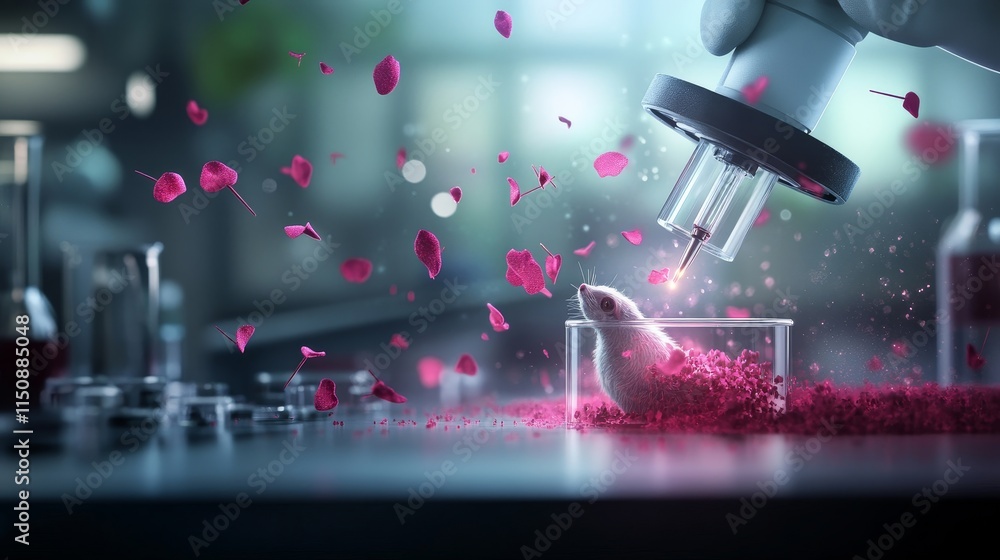 Poster scientific experiment with laboratory mouse under microscope surrounded by colorful petal particles 
