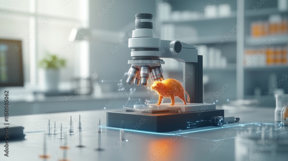 Poster cutting-edge laboratory with microscope focusing on a transparent orange cat model in a modern resea