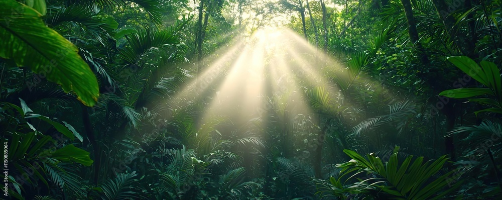 Poster serene nature idea. sunlight streams through lush greenery in a vibrant forest, creating a tranquil 