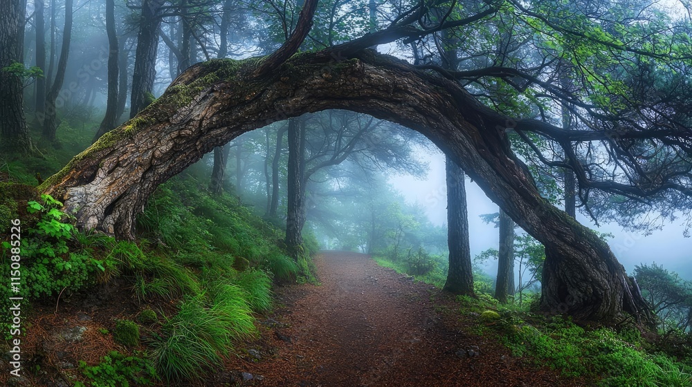 Poster serene nature concept. a mystical forest path framed by a unique arching tree in a serene, foggy env