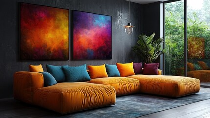 A vibrant, modern living room with a colorful sofa and abstract art.