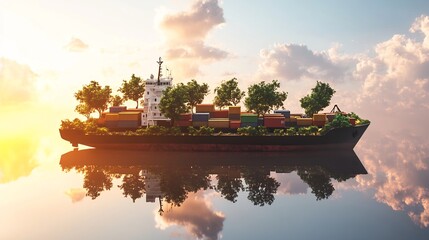 Obraz premium Eco-friendly cargo ship with lush greenery on deck, floating serenely on calm waters at sunrise.