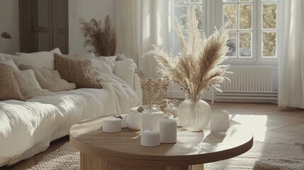 Sunlit living room with beige sofa, pampas grass, and candles on a coffee table.