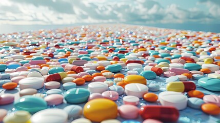 Obraz premium A vast expanse of colorful pills and capsules under a bright sky.