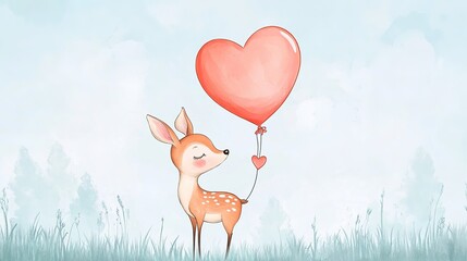 Fototapeta premium Adorable floating deer holding a heart-shaped balloon in a whimsical woodland setting. Valentine's Day concept with a cute forest animal, romantic and heartwarming. Dreamlike atmosphere with soft colo
