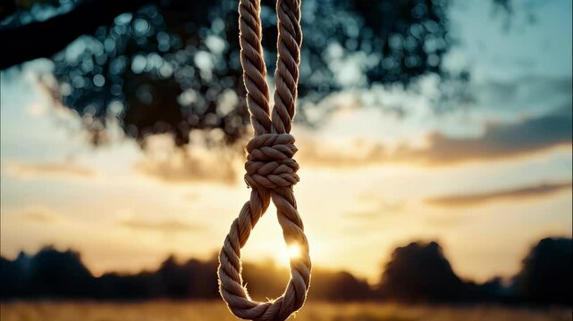Noose Hanging from Tree Branch at Sunset with Close Up of Knot and Rope
