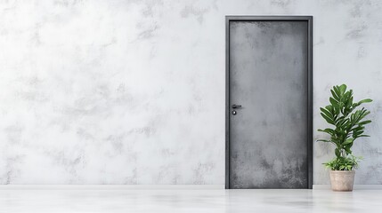 Elegant Gray Door with Minimalist Design Against Textured Wall and Lush Indoor Plant in a Contemporary Setting