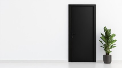 Modern minimalistic room featuring a sleek black door beside a vibrant green potted plant against a bright white wall, ideal for contemporary design concepts.