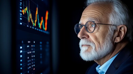 Strategic Visionary: A senior businessman contemplates financial data displayed on a large screen, his thoughtful gaze reflecting years of experience and astute decision-making.  