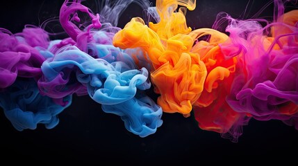 Macro shot of colorful ink swirling in water forming abstract wave shapes