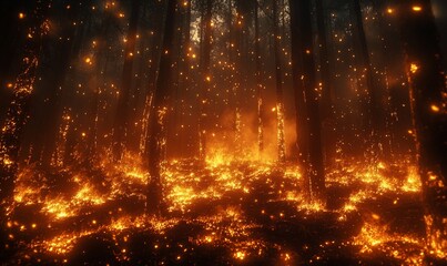 Naklejka premium Forest fire burning intensely at night.