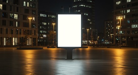 Blank billboard sign mockup in the urban street environment illuminated street lamps, office buildings reflective pavement empty plaza modern architecture glowing windows midnight background concept