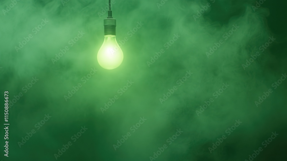 Poster green light bulb hanging with mystical smoke effect in dark atmospheric scene emphasizing ambient li