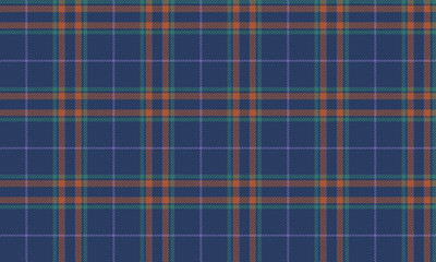 Plaid fabric pattern, blue, orange, green, purple, seamless for textiles, and for designing clothes, skirts, pants or decorative fabrics. Vector illustration.