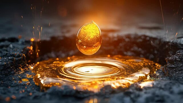 Scientific strength of materials concept. A glowing droplet of molten substance hovers above a dark, textured surface, creating a captivating contrast and a sense of dynamic energy.
