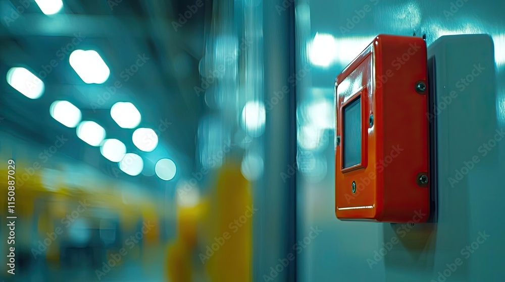 Poster fire alarm idea. close-up of a red emergency button on a factory wall with blurred background.