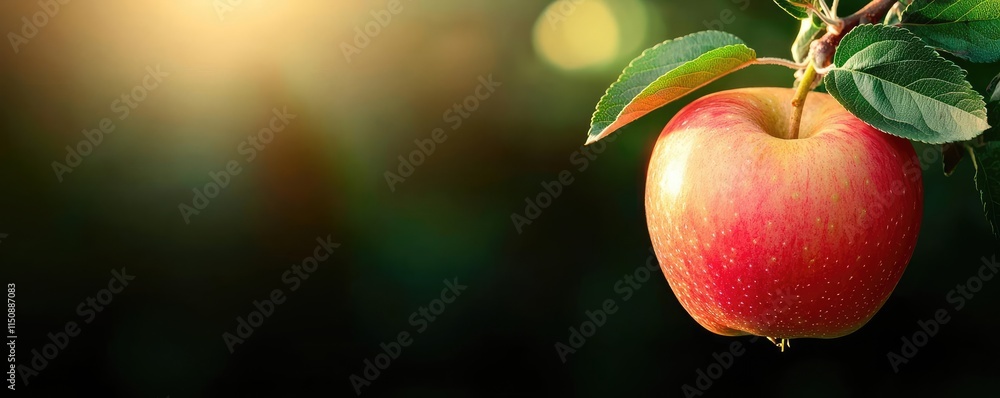 Poster apples orchard concept. a close-up of a fresh red apple hanging from a tree branch in soft sunlight.