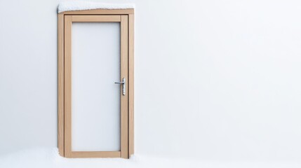 Minimalist Wooden Door Framed by Fresh Snow on a White Background Evoking Winter Calm and Serenity for Design and Home Decor Projects