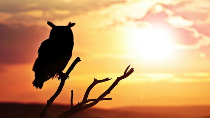 Owl Silhouette on Branch at Sunset
