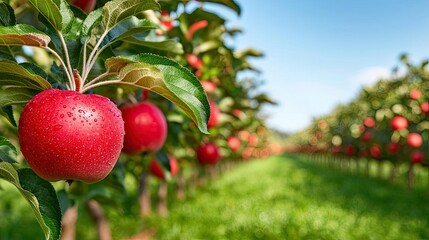 Obraz premium Apples orchard concept. Beautiful apple orchard with ripe, red apples under a clear blue sky.