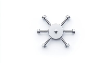 Metal fasteners arranged symmetrically on a white background showcasing industrial design elements for engineering, construction, and mechanical themes