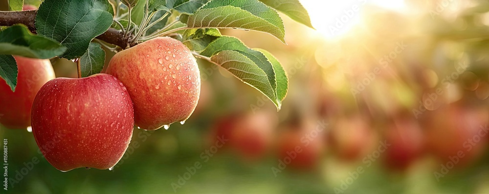 Poster apples orchard concept. fresh apples hanging on a tree branch with sunlight filtering through the le