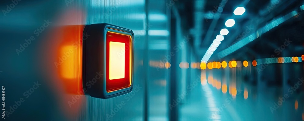 Poster fire alarm idea. illuminated button in a modern technological environment, focusing on innovation.