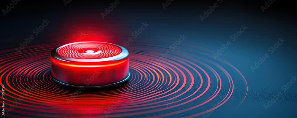 Poster fire alarm idea. close-up of a red emergency button emitting circular signals on a dark background.