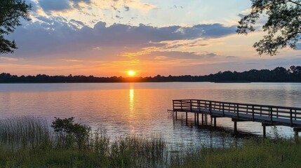 Fototapeta premium Serene Sunset Over Tranquil Lake with Pier and Colorful Sky